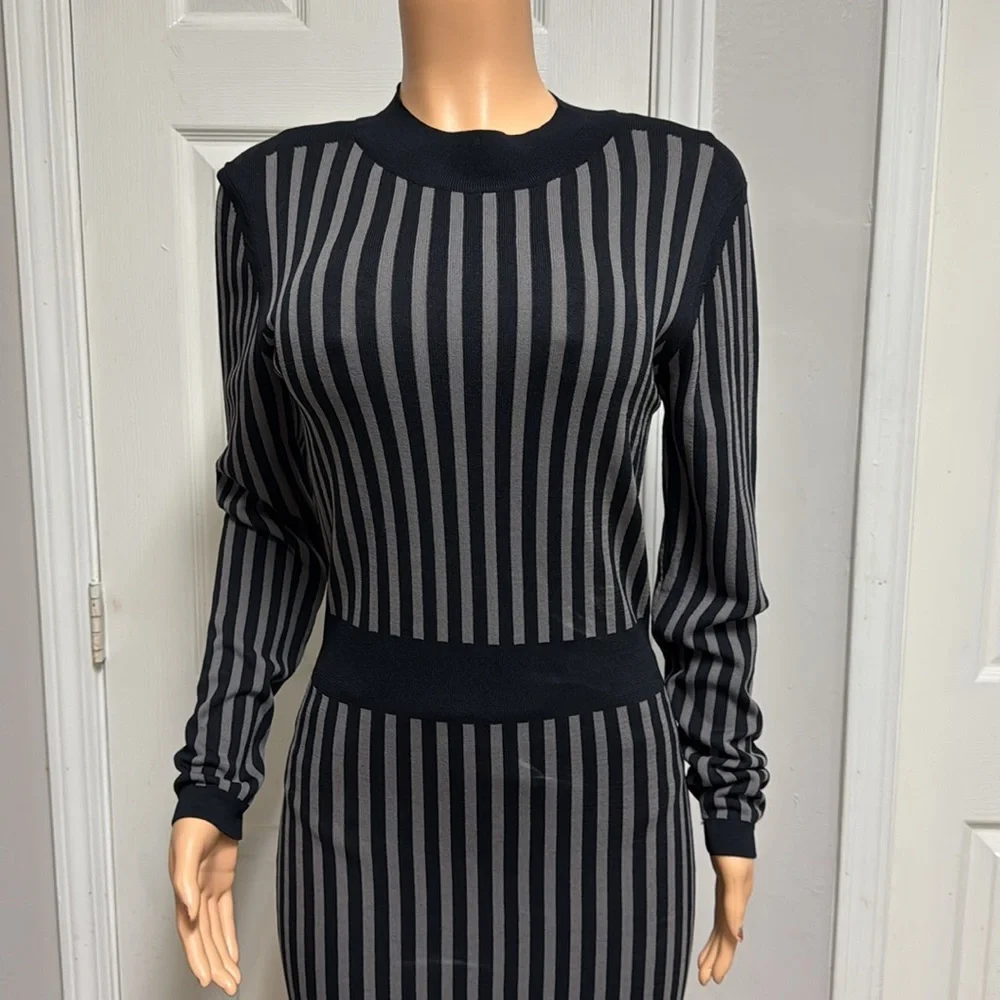 Y.A.S. Long Sleeve, Ribbed Knit Dress with Black and Grey Eegant Striped Dress - Picture 4 of 16